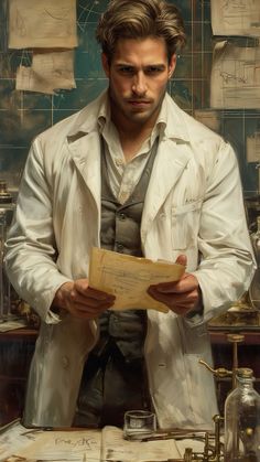 a painting of a man in a lab coat holding a piece of paper with writing on it