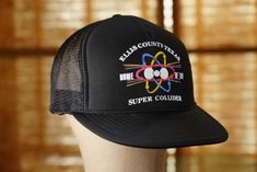 🤠 Ellis County Texas Home of the Super Collider 😱 #Vintage BLACK Trucker Cap Retro Black Baseball Cap With Flat Bill, Vintage Black Baseball Cap With Flat Bill, Retro Black Flat Bill Baseball Cap, Retro Black Snapback Baseball Cap, Vintage Black Visor Hat, Retro Black Baseball Cap One Size, Black Retro Snapback Trucker Hat, Vintage Black Baseball Cap With Curved Brim, Vintage Black Flat Bill Hat