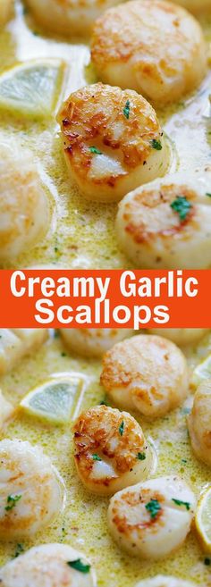 creamy garlic scallops with lemons and parsley on top are an easy appetizer