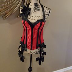 Excellent Condition Never Worn Stored In Closet Beautiful Bustier With Black Satin Bow Details With Detachable Thigh High Panty Hose Clips Neck Bow Strap Also Detachable To Use As Simple But Very Sexy Bustier Red Underwire Party Corset, Red Underwire Corset For Party, Elegant Victoria's Secret Party Corset, Victoria's Secret Party Corset, Panty Hose, Black Bustier, Wear Store, Neck Bow, Satin Bow