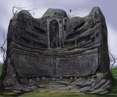 an artistic drawing of a stone structure with carvings on it