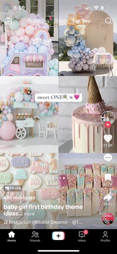 a collage of photos with balloons, cakes and desserts on it's sides