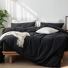 a bed with black linens and white pillows in a bright room next to a potted plant