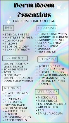 the dorm room essentials for first - time college students are shown in this poster