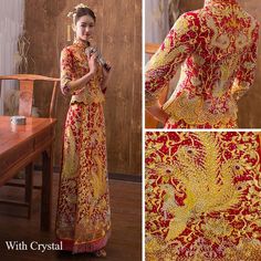 Chinese dragon phoenix wedding qun kwa dress Elegant Embroidered Festive Cheongsam, Elegant Gown For Traditional Ceremonies And Festivals, Elegant Gown For Traditional Ceremonies, Elegant Brocade Gown For Festivals, Elegant Floor-length Sets With Gold Embroidery, Elegant Gold Embroidered Floor-length Sets, Elegant Floor-length Brocade Sets, Elegant Cheongsam For Traditional Ceremonies, Traditional Embroidered Cheongsam For Wedding