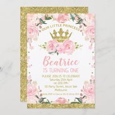 a pink and gold princess birthday party with roses on the front, crown on the back