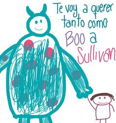 a child's drawing of a cartoon character holding a string with the caption, tevy a quer to come boo a sulvan