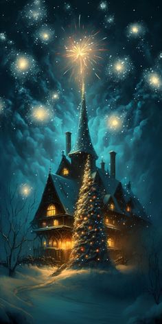 a painting of a christmas tree in front of a lit up house with snow on the ground