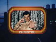 an old television with a man on it's screen and the words chastiu in front of him