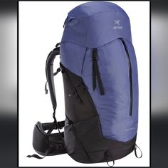 a blue backpack with black straps on the front and back ends, sitting upright against a white background