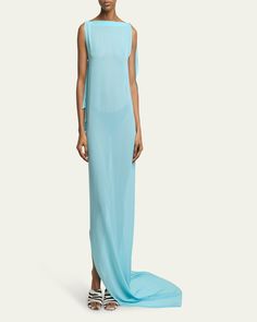 Jacquemus "Ameno" sheer dress with draped detail     Boat neckline    Sleeveless    Hem pools floor    Sheath silhouette    Side slip    Silk/elastane    Dry clean    Made in France Draped Silk Dress, Long Drapes, Light Turquoise, Boat Neckline, Sheer Dress, Silk Dress, Made In France, Tops Designs, Turquoise