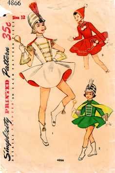 Halloween Costume Sewing Patterns, Majorette Costumes, Drum Majorette, 1950s Girls, Skating Outfit, Circular Skirt, Baton Twirling, Vintage Halloween Costume, Costume Sewing Patterns