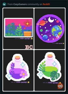 four stickers depicting different scenes from the outer world, including an astronaut and planets