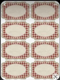 six red and white checkered labels with circles on them