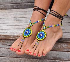 This listing is for a PAIR of beautiful and UNIQUE barefoot sandals handmade in the HUICHOL style. Made of high quality Japanese myuki seed beads and extra strong nylon thread. These sandals are very resistant and suitable for many environments. They will embellish your feet and you can wear it with sandals in a variety of styles from work to casual to evening attire. Beautiful to wear on a beach or garden wedding. Great and very comfortable for making yoga, hula hoop, belly dance and dancing. T Bohemian Colorful Beads Anklet For Vacation, Summer Festival Colorful Beaded Anklets, Festival Beaded Ankle Strap Barefoot Sandals, Beaded Barefoot Sandals With Ankle Strap For Festivals, Beaded Ankle Strap Barefoot Sandals For Festivals, Bohemian Summer Anklets With Colorful Beads, Traditional Beaded Toe Ring Anklets, Traditional Handmade Anklets For Summer, Traditional Summer Jewelry For Vacation