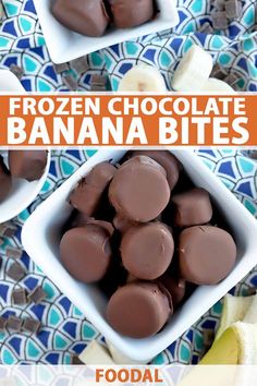 chocolate covered bananas in small white bowls on a blue and white tablecloth with text overlay