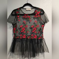 Brand New With Tags. Black Short Sleeve Top With Floral Embroidery, Black Short Sleeve Tops With Floral Embroidery, Black Tops With Floral Embroidery For Night Out, Black Top With Floral Embroidery For Night Out, Black Floral Embroidered Short Sleeve Top, Black Crew Neck Blouse With Floral Embroidery, Embroidered Black Blouse For Night Out, Spring Night Out Blouse With Floral Embroidery, Casual Embroidered Blouse For Party