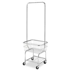 a metal basket on wheels with a handle