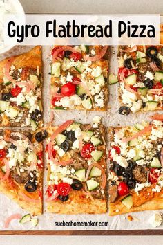 there is a square pizza with many toppings on it and the words gyro flatbread pizza above it