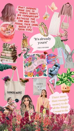 a collage of pink images with flowers and words on the bottom, including text that reads it's already out there