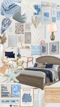 a collage of blue and white items in a bedroom with pictures on the wall