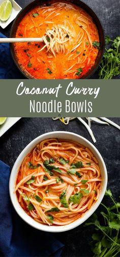 two bowls of coconut curry noodle bowl soup with chopsticks