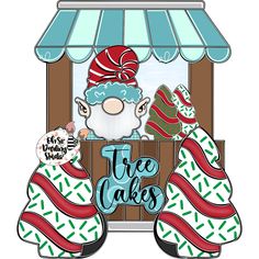 three cakes are sitting in front of a store window with the words tree cakes on it