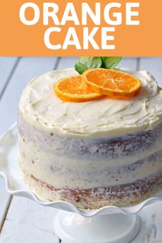 an orange cake with cream cheese frosting on a white plate and the title above it