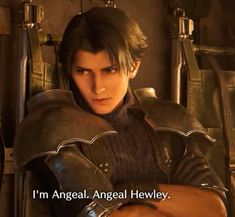 an image of a man in armor with his arms crossed and the words, i'm angelal angelal hewly