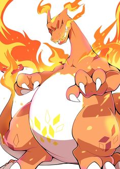 an orange and white pokemon sitting on top of a ball with fire coming out of it