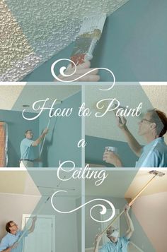 a woman painting the ceiling with blue paint