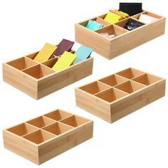 three wooden boxes with dividers and sticky notes in each compartment, on white background