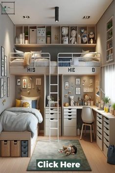 a bedroom with bunk beds, desks and shelves on the wall next to a rug