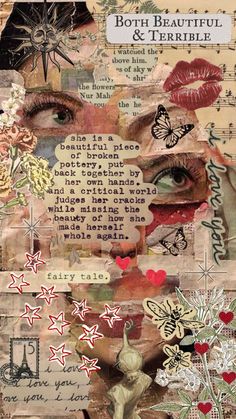 an altered collage with words and pictures on it's side, including the image of a woman's face