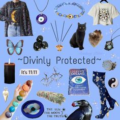 there are many items that can be seen in this image and the words divinity protected above them