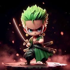 an anime character with green hair holding two swords in his hands and wearing gold earrings