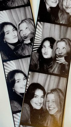 black and white photo collages of three women posing for the camera with their mouths open