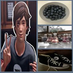 a collage of photos with an image of a boy making the peace sign next to blueberries