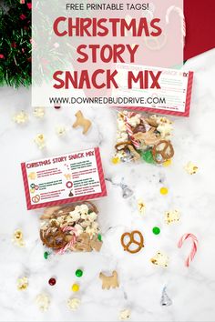 christmas story snack mix with free printable tags on the front and back side, including pretzel crackers