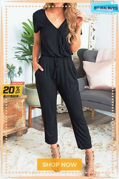 Lace-up V-neck Short-sleeved Slim Women's Jumpsuit Mode Ab 50, Black Jumpsuits, Festival Mode, Mode Kimono, Jumpsuit Casual, Streetwear Mode, Summer Work Outfits, Jumpsuit Summer, Short Sleeve Jumpsuits