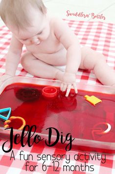 a baby playing with a red tray on top of a checkered table cloth and the words jello dig