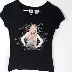 a women's black t - shirt with an image of a woman on it