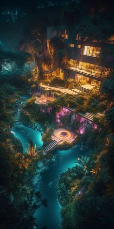 an aerial view of a house in the woods at night with colorful lights on it