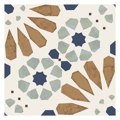 an artistic tile design with blue and brown geometric shapes on white ground, in the shape of stars