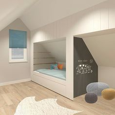 a bedroom with white walls and wooden flooring is decorated in pastel colors, including blue