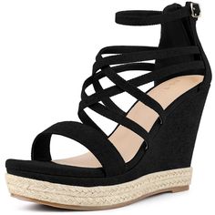 Looking for a stylish and comfortable pair of sandals to add to your wardrobe? Look no further than these ankle-strap espadrille platform sandals! These sandals feature a denim fabric for a casual look, with a single strap and strappy design at the upper, as well as an ankle strap and back zipper for easy wear. Plus, with an espadrille wedge heel and platform, these sandals offer just the right amount of height and style. The outsole is made of TPR, while the heel is made of PVC+TPR, making thes Casual Strappy Wedge Sandals For Spring, Adjustable Strappy Platform Wedge Sandals, Black Ankle Strap Sandals In Straw, Summer Strappy Wedge Sandals With Buckle, Summer Espadrille Wedge Sandals With Buckle Closure, Adjustable Platform Espadrille Sandals, Casual Strappy Heels With Cushioned Footbed, Trendy Ankle Strap Espadrille Sandals, Trendy Espadrille Sandals With Ankle Strap