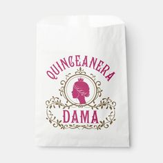 a paper bag with the words quincaneara dama on it and a silhouette of a woman's head