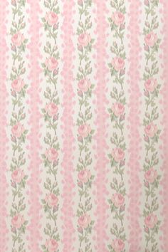 a pink and green striped wallpaper with flowers on it