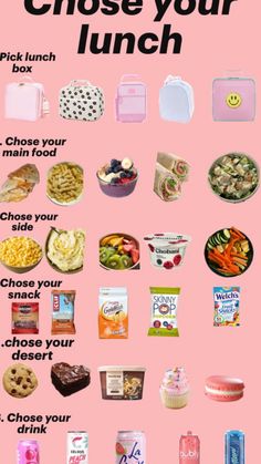 a pink poster with the words choose your lunch on it and pictures of different foods