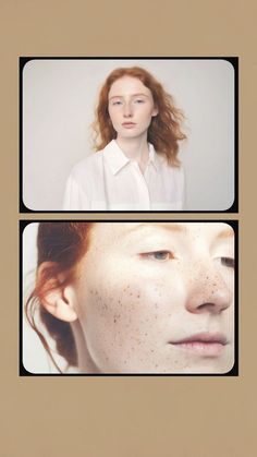 two photos of a woman with freckles on her face and the same image as above